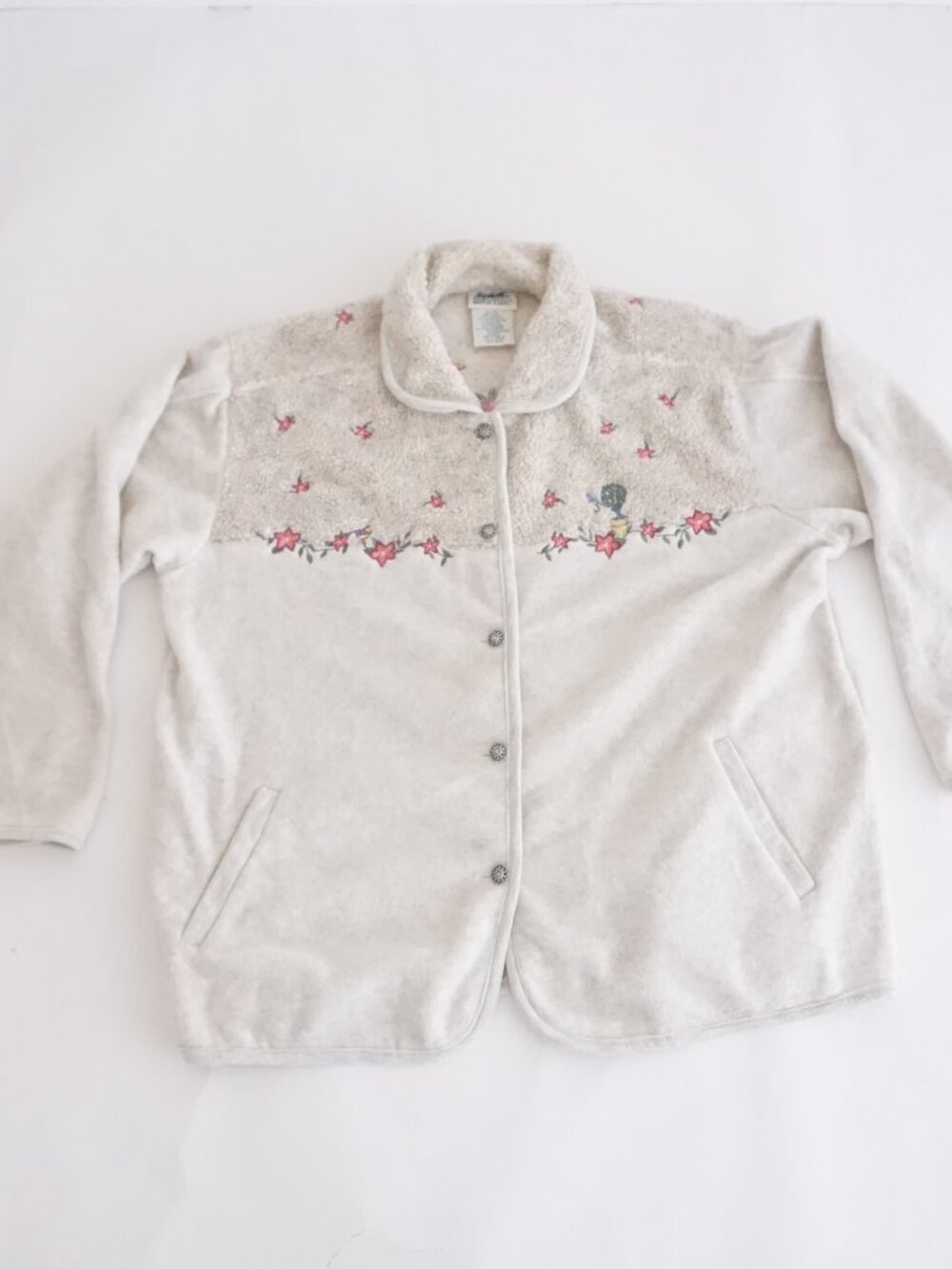 Vintage Northern Reflections Cream Floral Bird Sherpa Fleece Button Sweater XL